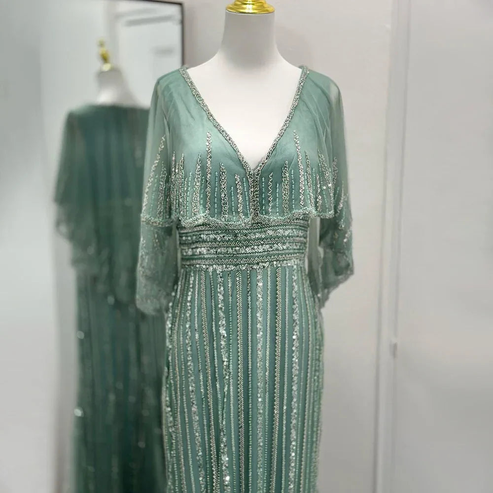 Elegante vestido de noche estilo sirena turquesa con capa larga y cuentas de lujo estilo Dubái para mujer, ideal para bodas y fiestas 2025 LA72258 