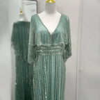 Elegante vestido de noche estilo sirena turquesa con capa larga y cuentas de lujo estilo Dubái para mujer, ideal para bodas y fiestas 2025 LA72258 