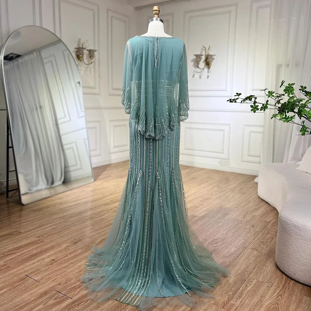 Elegante vestido de noche estilo sirena turquesa con capa larga y cuentas de lujo estilo Dubái para mujer, ideal para bodas y fiestas 2025 LA72258 