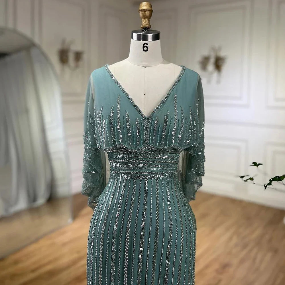 Turquoise Mermaid Elegant Long Cape Beaded Luxury Dubai Evening Dresses Gowns For Women Wedding Party 2025 LA72258