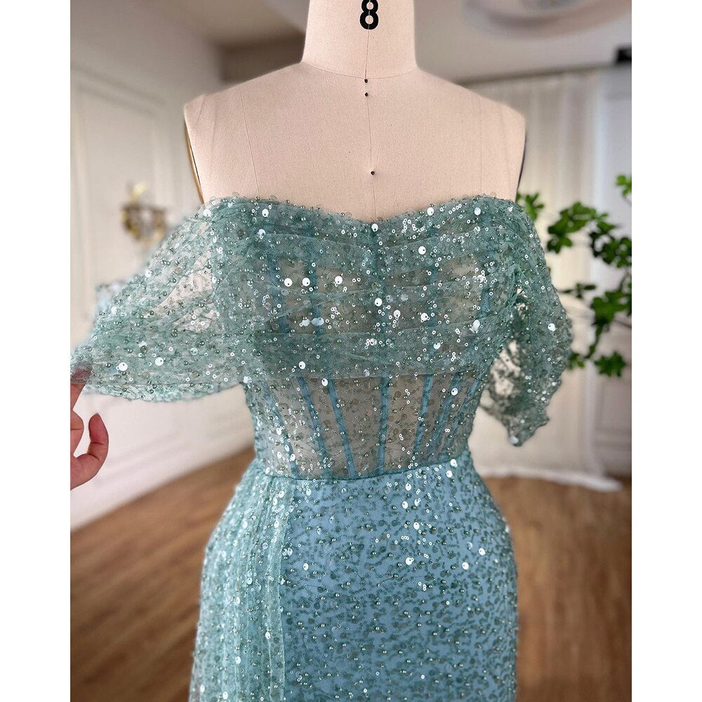 Elegante vestido de noche con sobrefalda de sirena turquesa, con cuentas, para mujer, para fiesta de boda, LA71945 