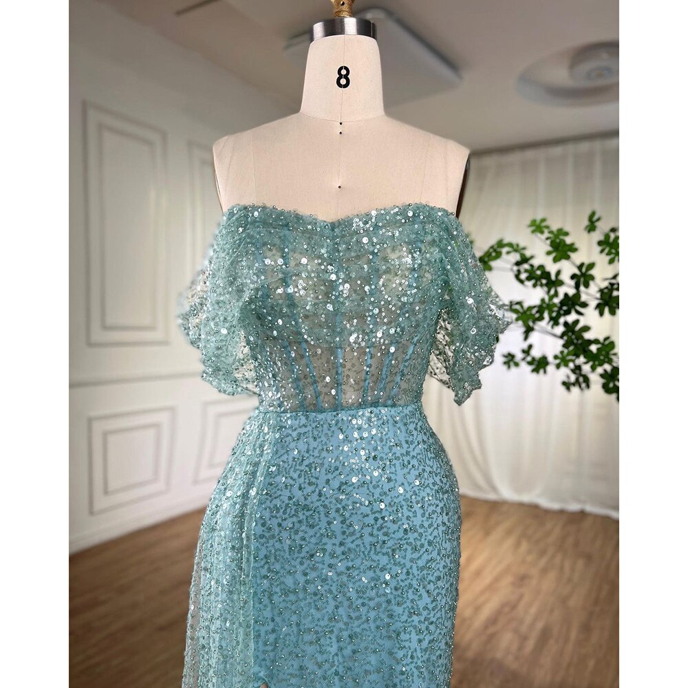Elegante vestido de noche con sobrefalda de sirena turquesa, con cuentas, para mujer, para fiesta de boda, LA71945 
