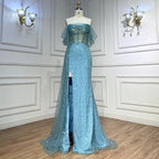 Elegante vestido de noche con sobrefalda de sirena turquesa, con cuentas, para mujer, para fiesta de boda, LA71945 