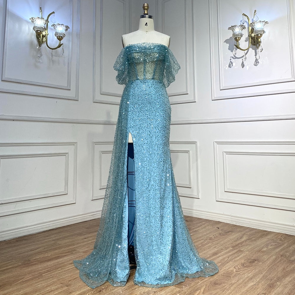 Elegante vestido de noche con sobrefalda de sirena turquesa, con cuentas, para mujer, para fiesta de boda, LA71945 