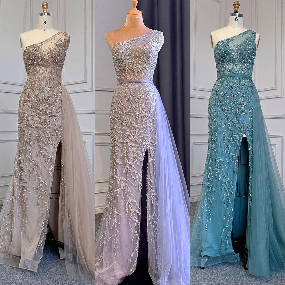 Elegante vestido de noche de sirena turquesa con falda sexy y abertura alta, de lujo, con cuentas de cristal, 2025, para mujer LA71582A 