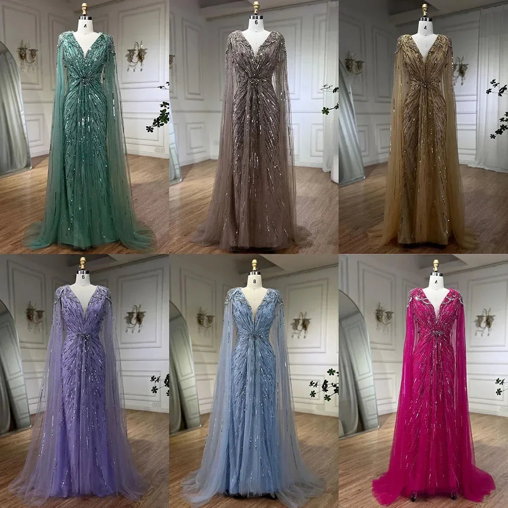 Turquoise Mermaid Beaded Evening Dress Gown with Cape LA72168A