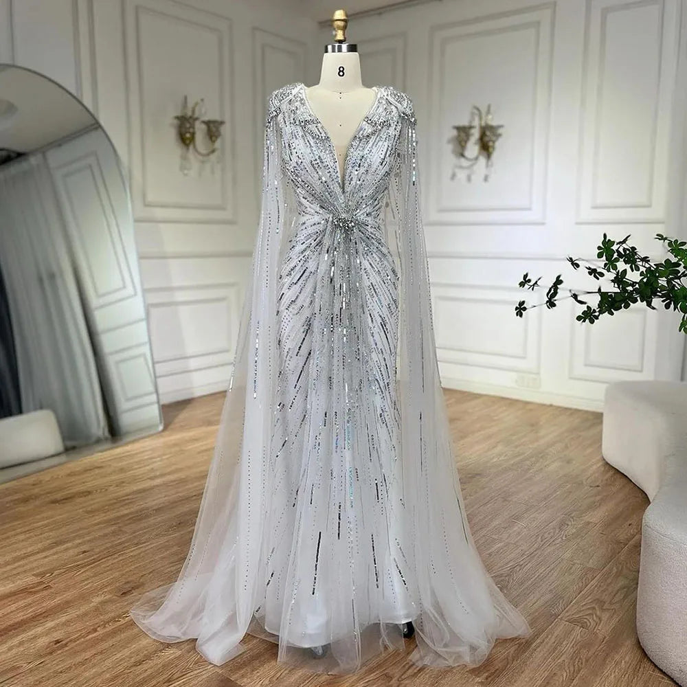 Turquoise Mermaid Beaded Evening Dress Gown with Cape LA72168A