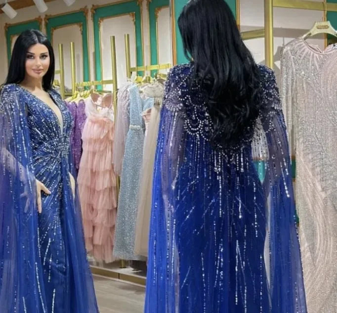Turquoise Mermaid Beaded Evening Dress Gown with Cape LA72168A