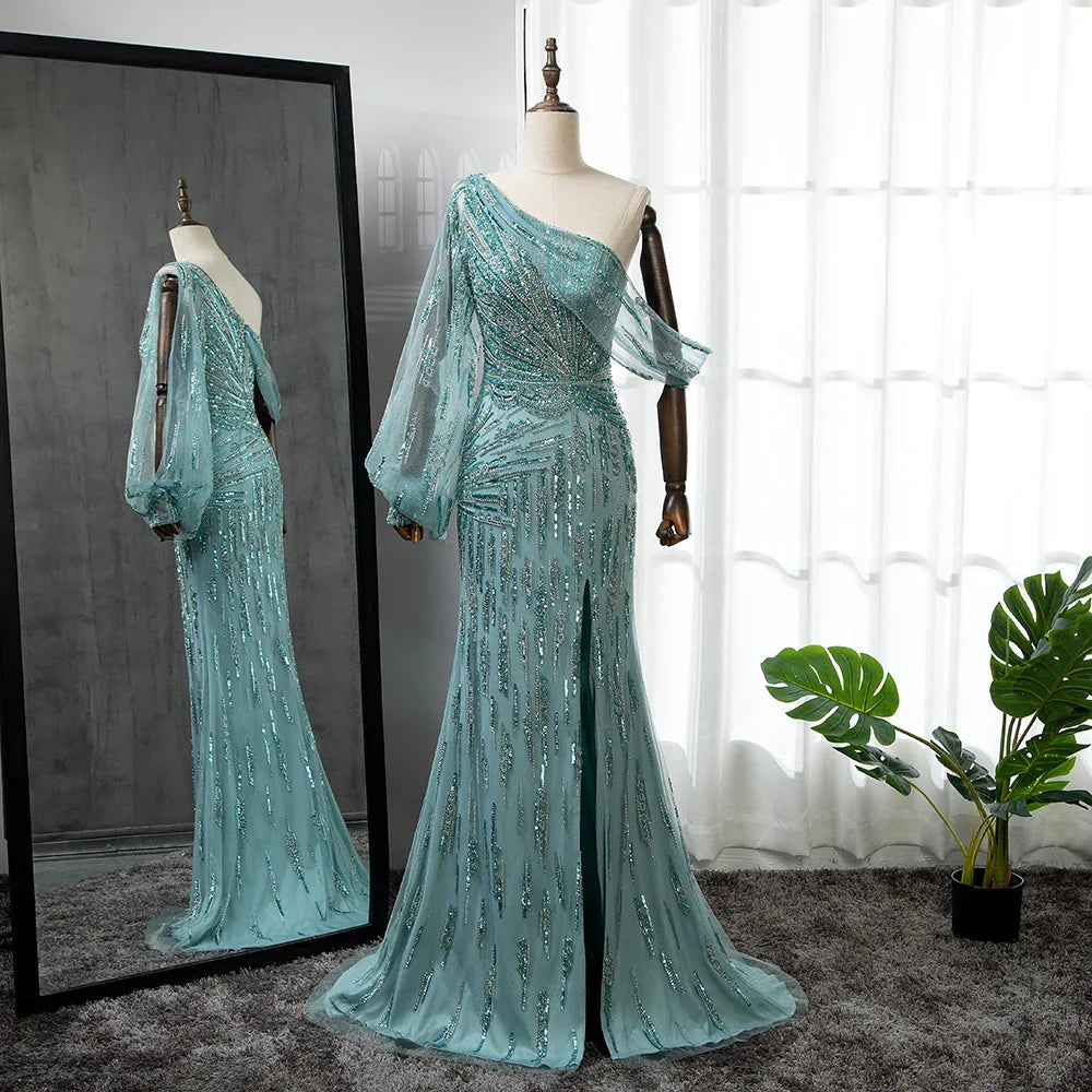 Türkis Meerjungfrau High Split Abendkleider Kleider 2025 Elegante Luxus Perlen Für Frauen Party LA71632 