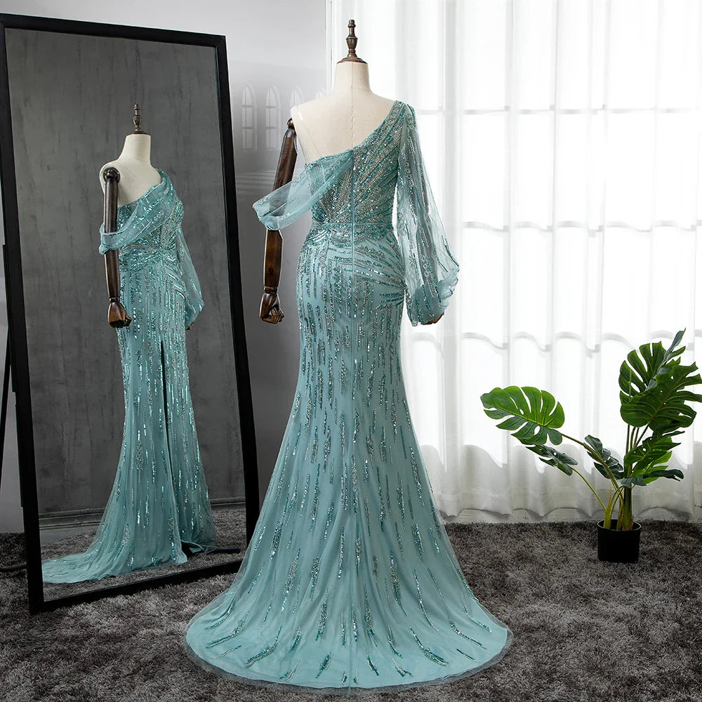 Türkis Meerjungfrau High Split Abendkleider Kleider 2025 Elegante Luxus Perlen Für Frauen Party LA71632 