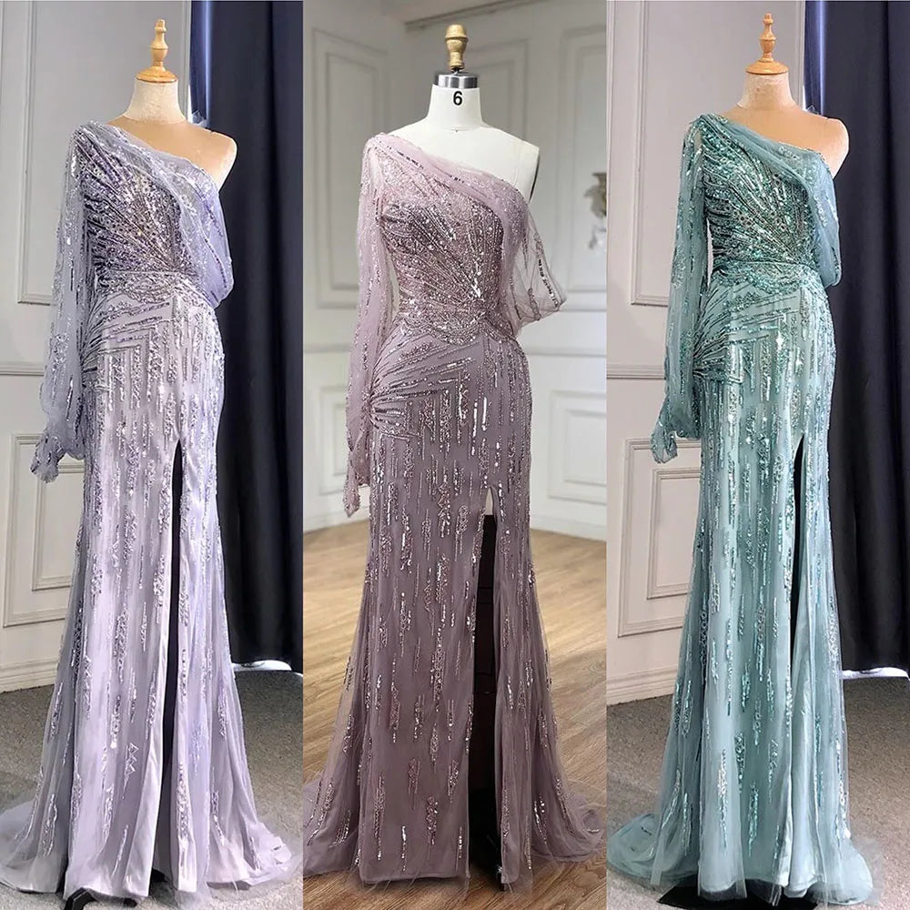Türkis Meerjungfrau High Split Abendkleider Kleider 2025 Elegante Luxus Perlen Für Frauen Party LA71632 