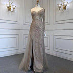 Vestido de noche de sirena turquesa con abertura alta, sexy, de un solo hombro y con sobrefalda de cuentas, para mujer, fiesta, LA71520 