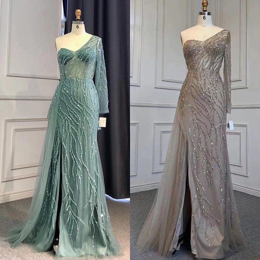 Vestido de noche de sirena turquesa con abertura alta, sexy, de un solo hombro y con sobrefalda de cuentas, para mujer, fiesta, LA71520 