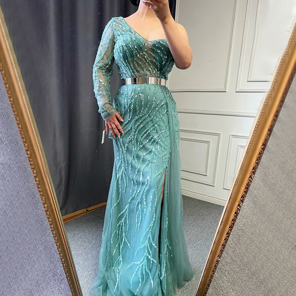 Turquoise Mermaid High Split Evening Dresses Gowns Sexy One-Shoulder Beaded Overskirt 2025 For Women Party LA71520