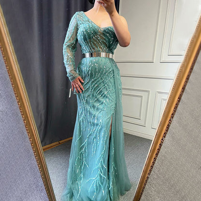 Turquoise Mermaid High Split Evening Dresses Gowns Sexy One-Shoulder Beaded Overskirt 2025 For Women Party LA71520