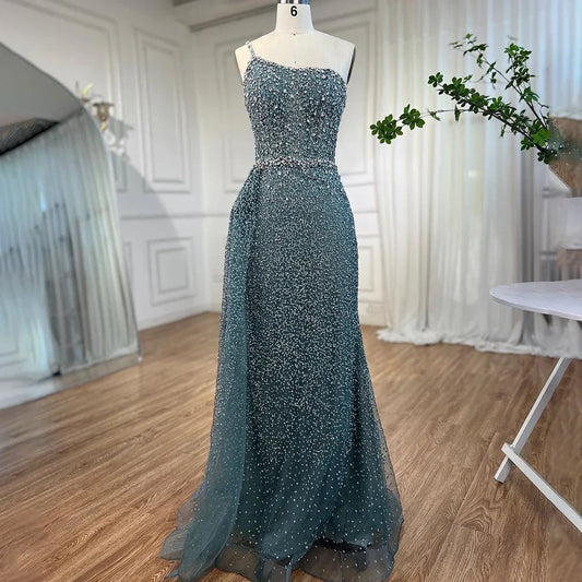 Turquoise Mermaid One Shoulder With Overskirt Beaded Evening Dresses Gowns 2025 For Women Wedding Party LA72144