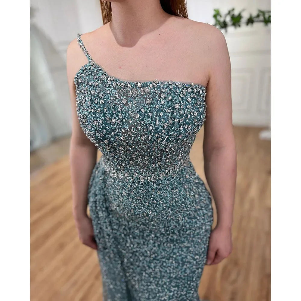 Vestido de noche turquesa de sirena, de un solo hombro y sobrefalda con cuentas, para mujer, boda, fiesta, LA72144 
