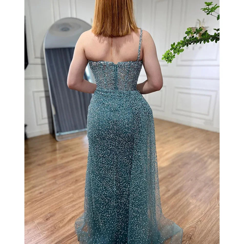 Vestido de noche turquesa de sirena, de un solo hombro y sobrefalda con cuentas, para mujer, boda, fiesta, LA72144 