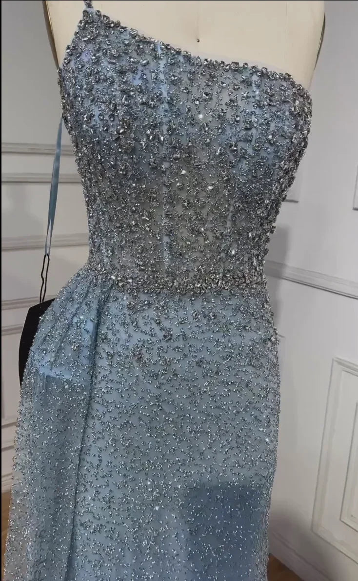 Turquoise Mermaid One Shoulder With Overskirt Beaded Evening Dresses Gowns 2025 For Women Wedding Party LA72144