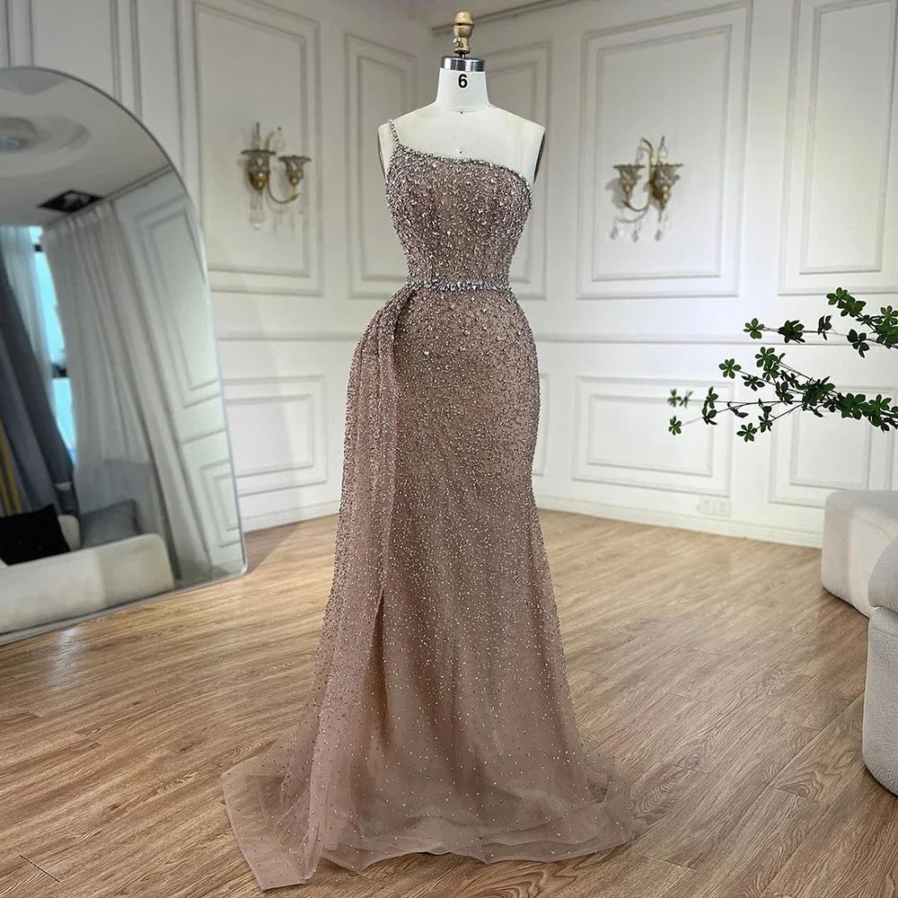 Turquoise Mermaid One Shoulder With Overskirt Beaded Evening Dresses Gowns 2025 For Women Wedding Party LA72144
