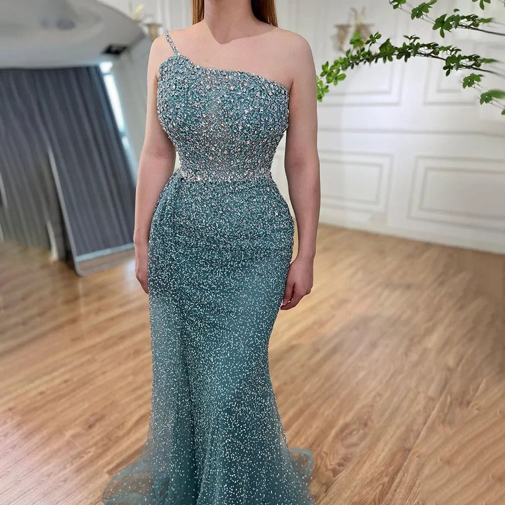 Vestido de noche turquesa de sirena, de un solo hombro y sobrefalda con cuentas, para mujer, boda, fiesta, LA72144 