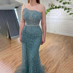 Vestido de noche turquesa de sirena, de un solo hombro y sobrefalda con cuentas, para mujer, boda, fiesta, LA72144 