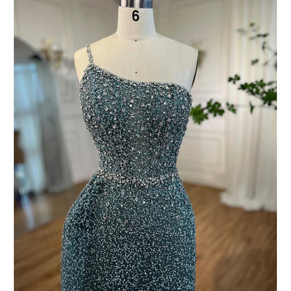 Turquoise Mermaid One Shoulder With Overskirt Beaded Evening Dresses Gowns 2025 For Women Wedding Party LA72144