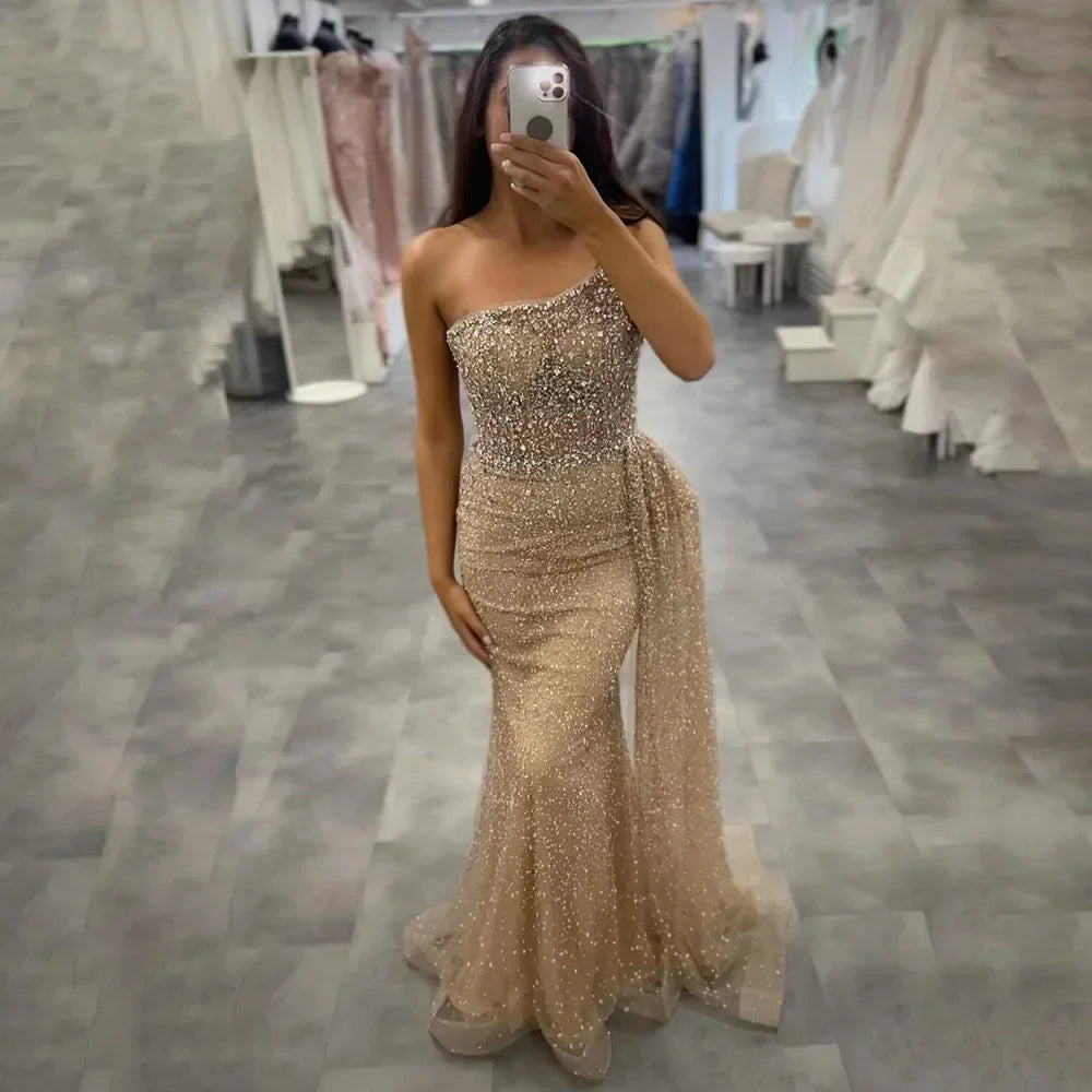 Turquoise Mermaid One Shoulder With Overskirt Beaded Evening Dresses Gowns 2025 For Women Wedding Party LA72144