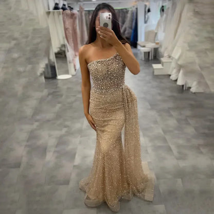 Turquoise Mermaid One Shoulder With Overskirt Beaded Evening Dresses Gowns 2025 For Women Wedding Party LA72144