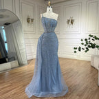 Vestido de noche turquesa de sirena, de un solo hombro y sobrefalda con cuentas, para mujer, boda, fiesta, LA72144 