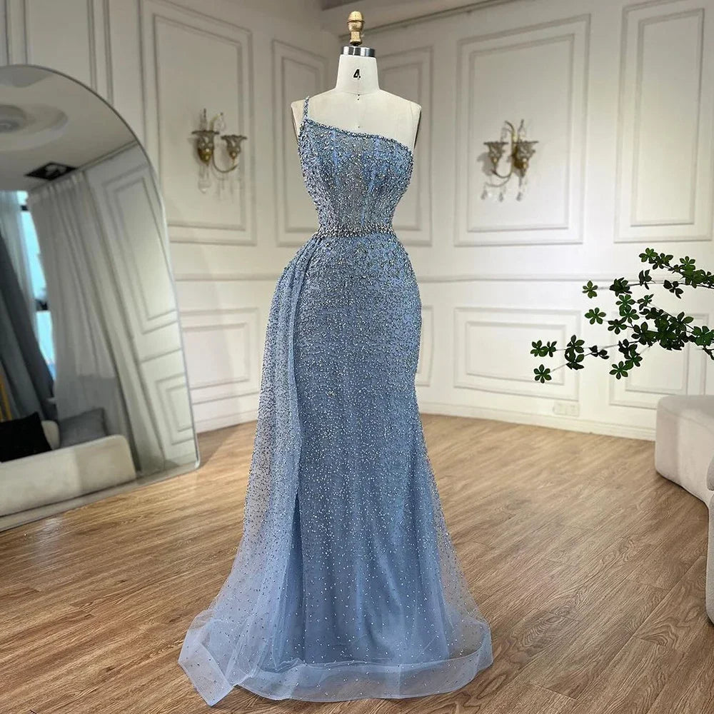 Vestido de noche turquesa de sirena, de un solo hombro y sobrefalda con cuentas, para mujer, boda, fiesta, LA72144 