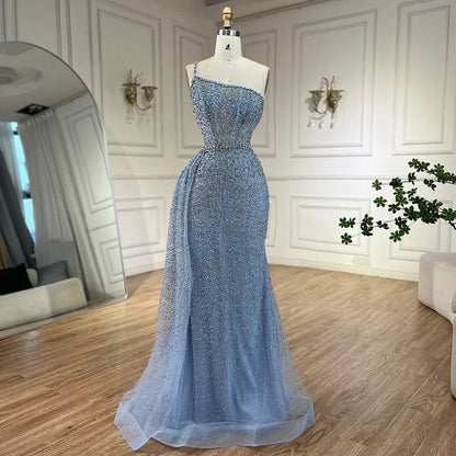 Turquoise Mermaid One Shoulder With Overskirt Beaded Evening Dresses Gowns 2025 For Women Wedding Party LA72144