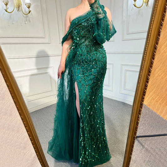 Turquoise Mermaid Overskirt Evening Dresses Gowns 2025 Luxury Beaded Elegant For Women Party LA71466