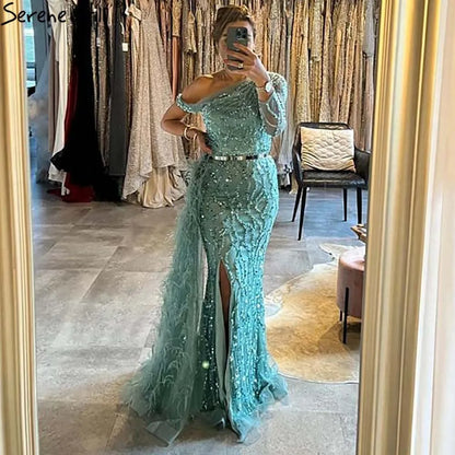 Turquoise Mermaid Overskirt Evening Dresses Gowns 2025 Luxury Beaded Elegant For Women Party LA71466