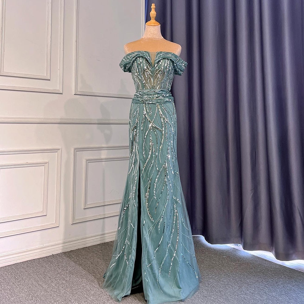 Turquoise Mermaid Sexy Evening Dresses Gowns 2025 Beaded Elegant Luxury High Split For Woman Party LA71593
