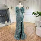 Vestido de noche turquesa con tirantes finos, corte sirena, abertura alta, plumas y cuentas para mujer, ideal para bodas 2025 LA72602 