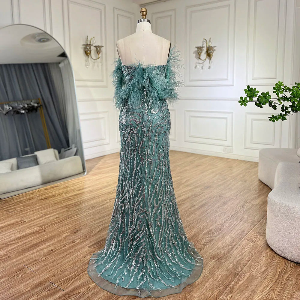 Vestido de noche turquesa con tirantes finos, corte sirena, abertura alta, plumas y cuentas para mujer, ideal para bodas 2025 LA72602 