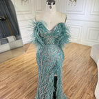 Vestido de noche turquesa con tirantes finos, corte sirena, abertura alta, plumas y cuentas para mujer, ideal para bodas 2025 LA72602 