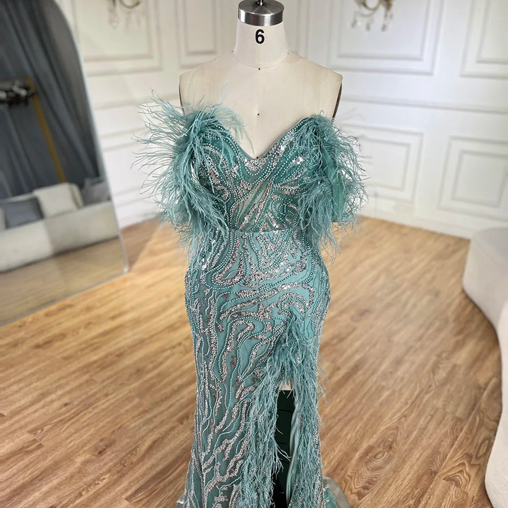 Vestido de noche turquesa con tirantes finos, corte sirena, abertura alta, plumas y cuentas para mujer, ideal para bodas 2025 LA72602 