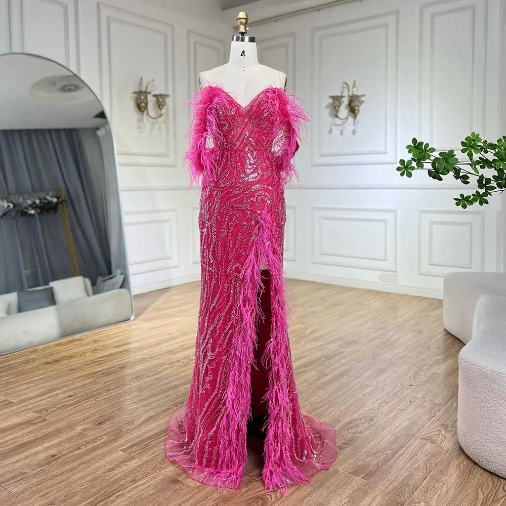 Vestido de noche turquesa con tirantes finos, corte sirena, abertura alta, plumas y cuentas para mujer, ideal para bodas 2025 LA72602 
