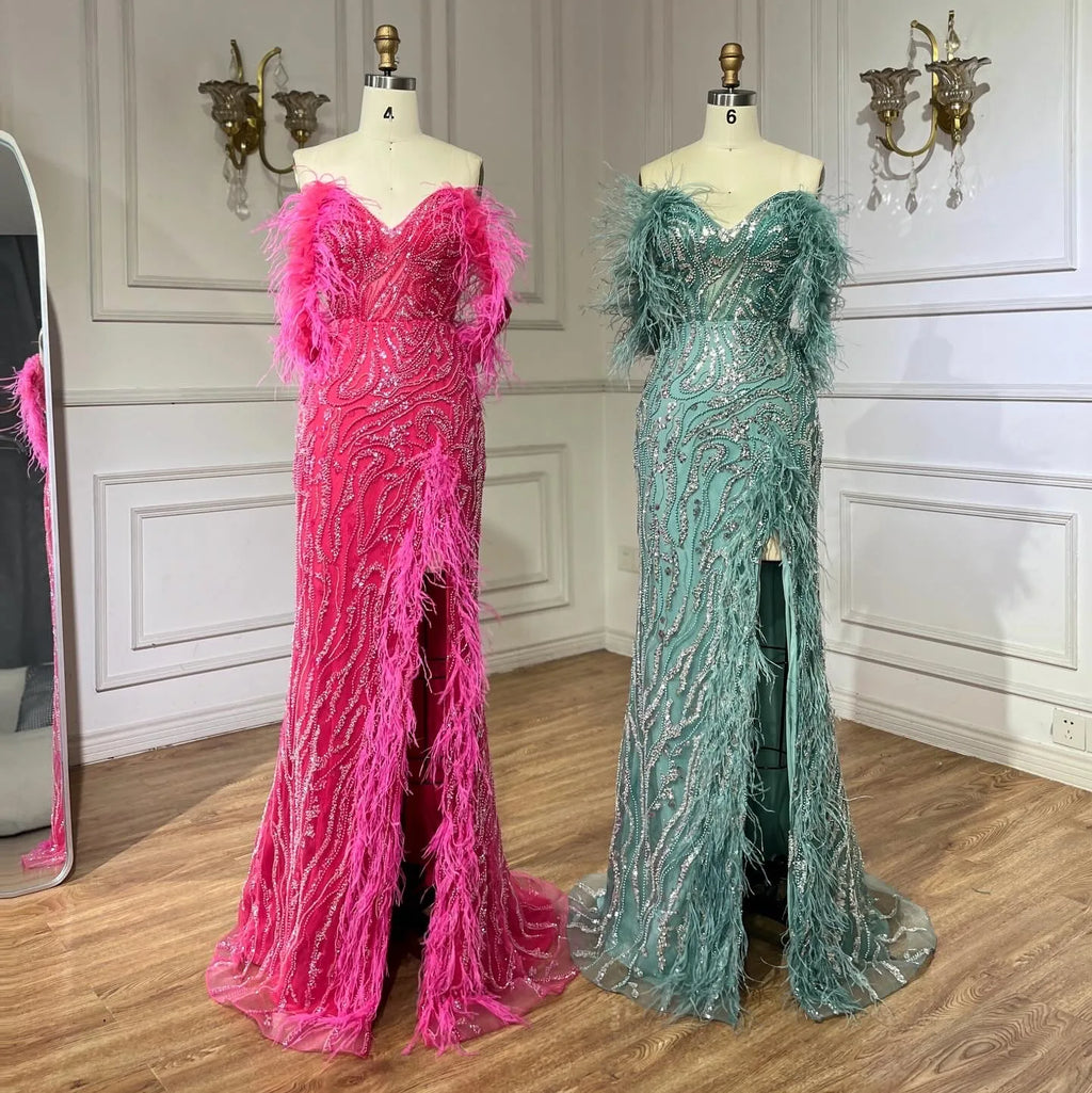 Vestido de noche turquesa con tirantes finos, corte sirena, abertura alta, plumas y cuentas para mujer, ideal para bodas 2025 LA72602 