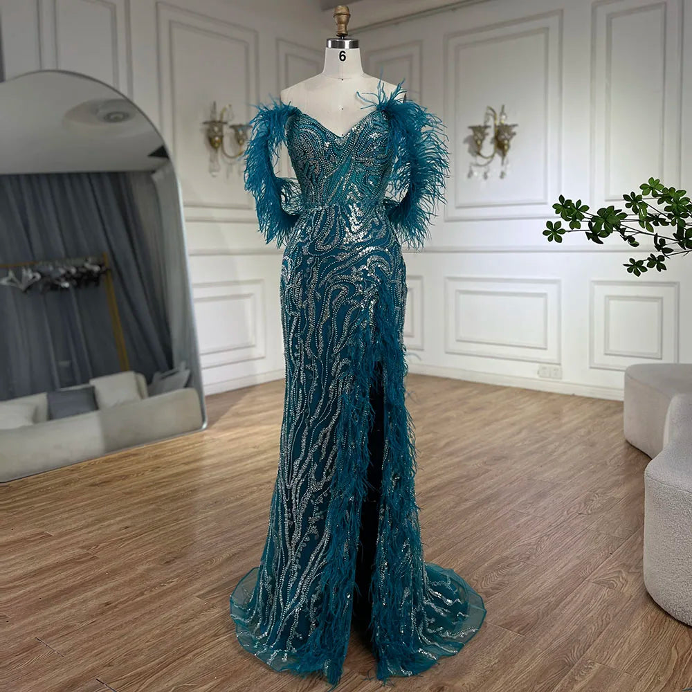 Vestido de noche turquesa con tirantes finos, corte sirena, abertura alta, plumas y cuentas para mujer, ideal para bodas 2025 LA72602 