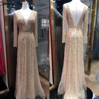 Vestidos de noche musulmanes dorados de lujo, corte A, 2025, con cuentas brillantes, mangas largas, sexys para mujer, fiesta LA70674 