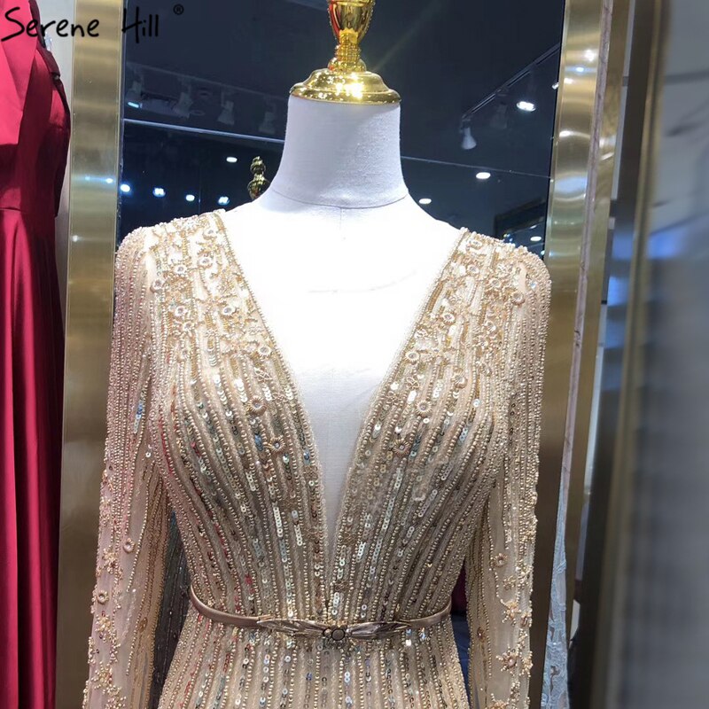Vestidos de noche musulmanes dorados de lujo, corte A, 2025, con cuentas brillantes, mangas largas, sexys para mujer, fiesta LA70674 