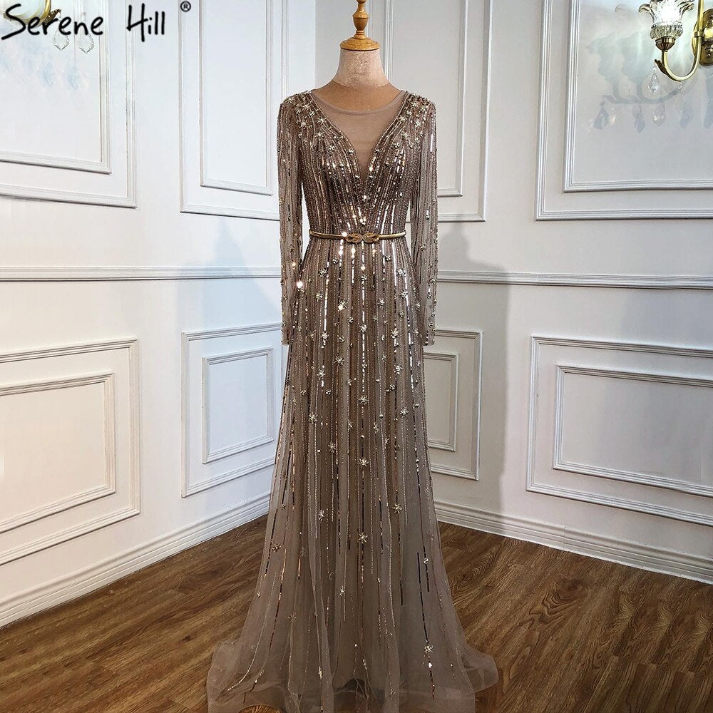 Vestidos de noche musulmanes dorados de lujo, corte A, 2025, con cuentas brillantes, mangas largas, sexys para mujer, fiesta LA70674 