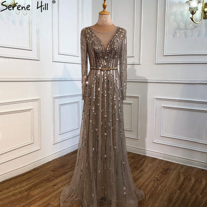 Muslim Gold A-Line Luxury Evening Dresses Gowns 2025 Sparkle Beading Long Sleeves Sexy For Women Party LA70674
