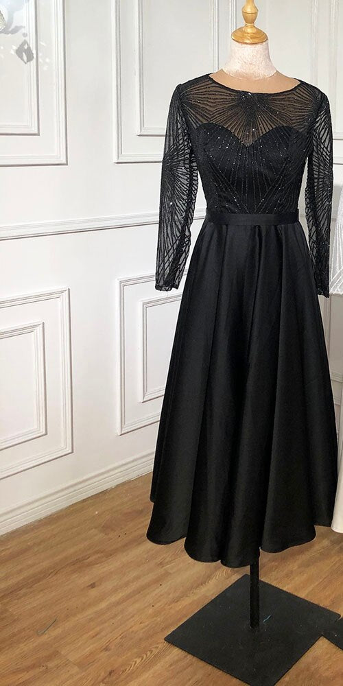 White A-Line Satin Sexy Cocktail Dresses 2025 Long Sleeves Glitter Tea-Length Party Gowns LA70922