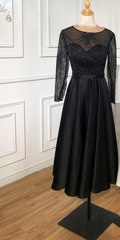 White A-Line Satin Sexy Cocktail Dresses 2025 Long Sleeves Glitter Tea-Length Party Gowns LA70922