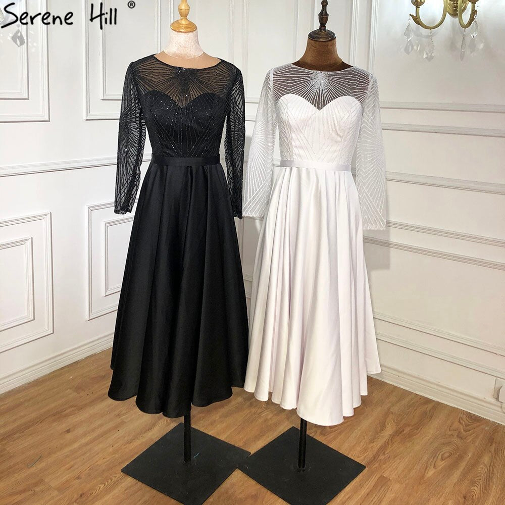 White A-Line Satin Sexy Cocktail Dresses 2025 Long Sleeves Glitter Tea-Length Party Gowns LA70922