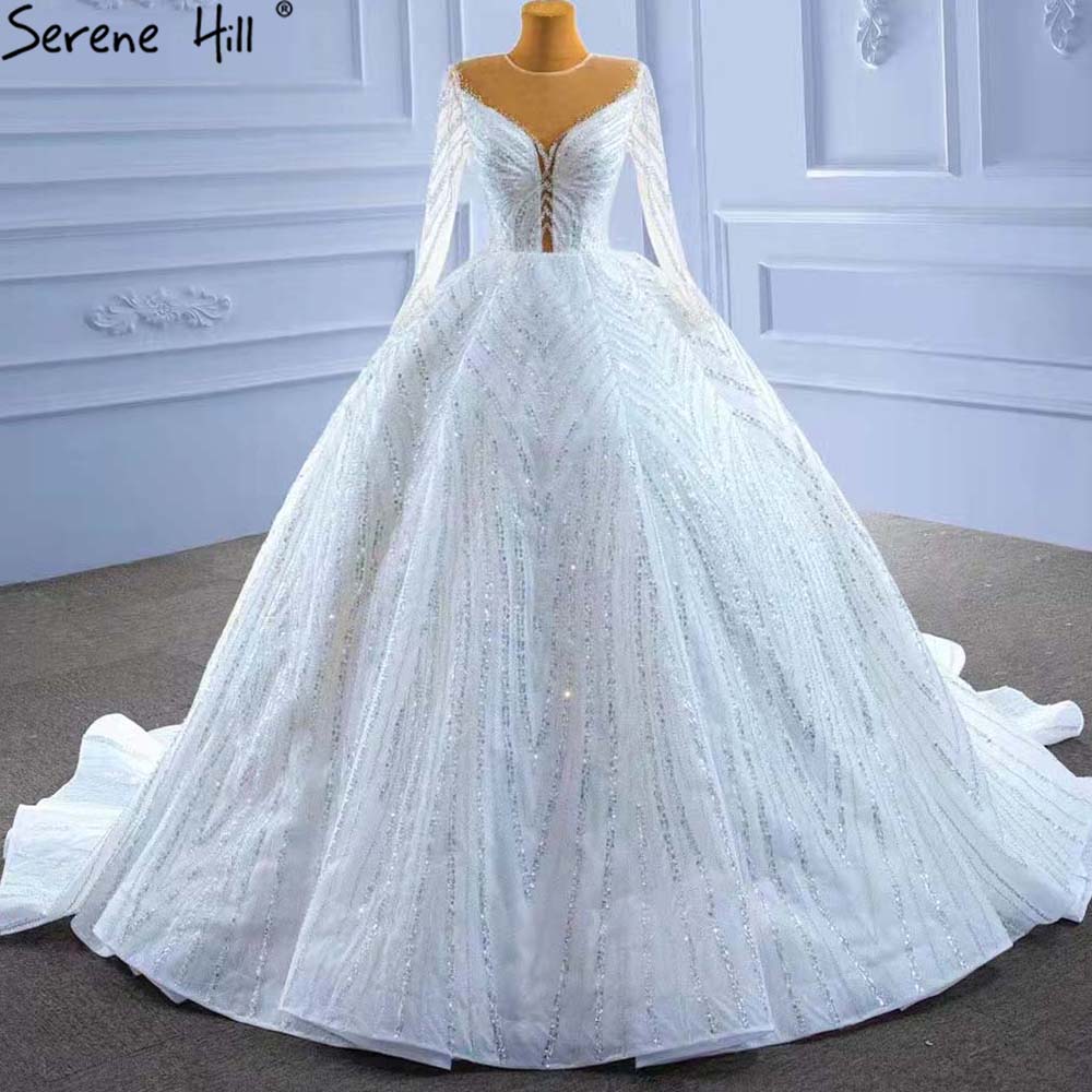 Weiß Perlen Luxus Hochzeit Kleider 2025 Lange Ärmel Lace Up Braut Kleider HM67382 Nach Maß 